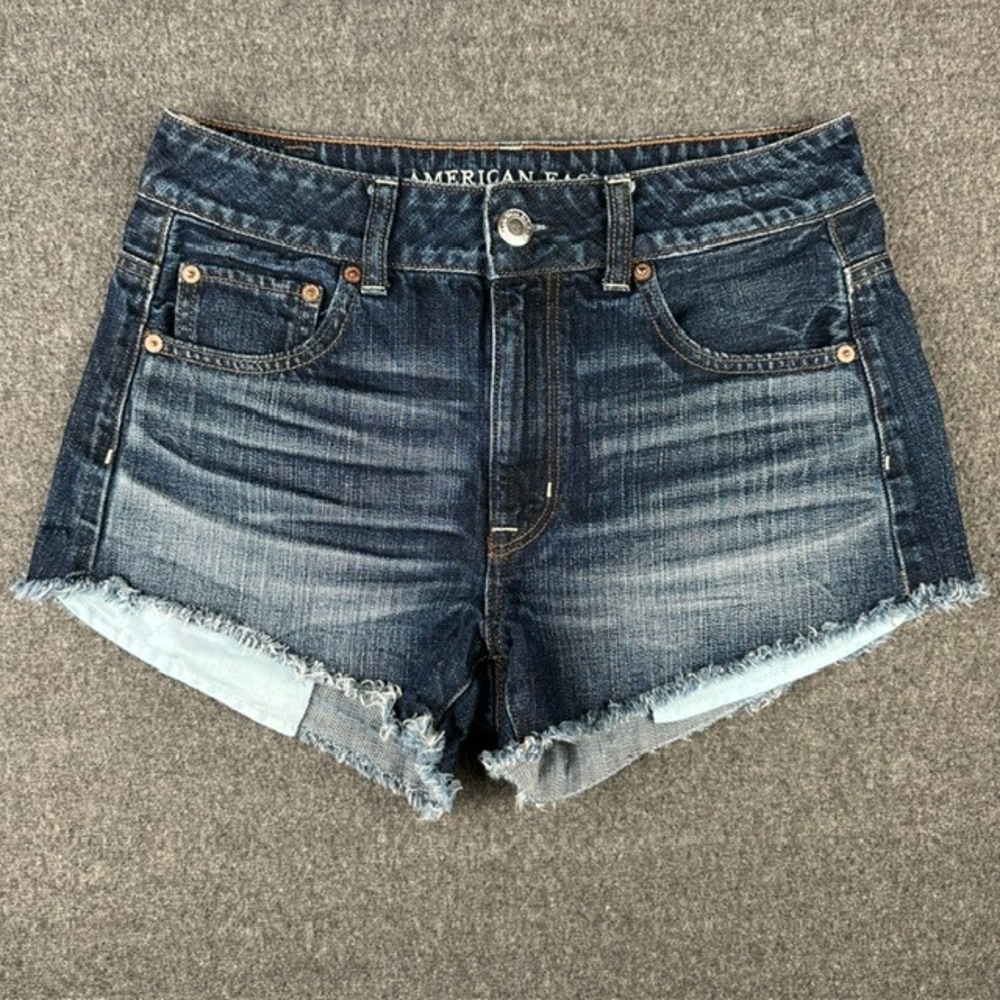 American Eagle Hi-Rise Festival Denim Shorts Dark Wash Frayed Hem Size 4